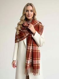 LONG RUST CASHMERE BLEND CHECKED TARTAN SCARF