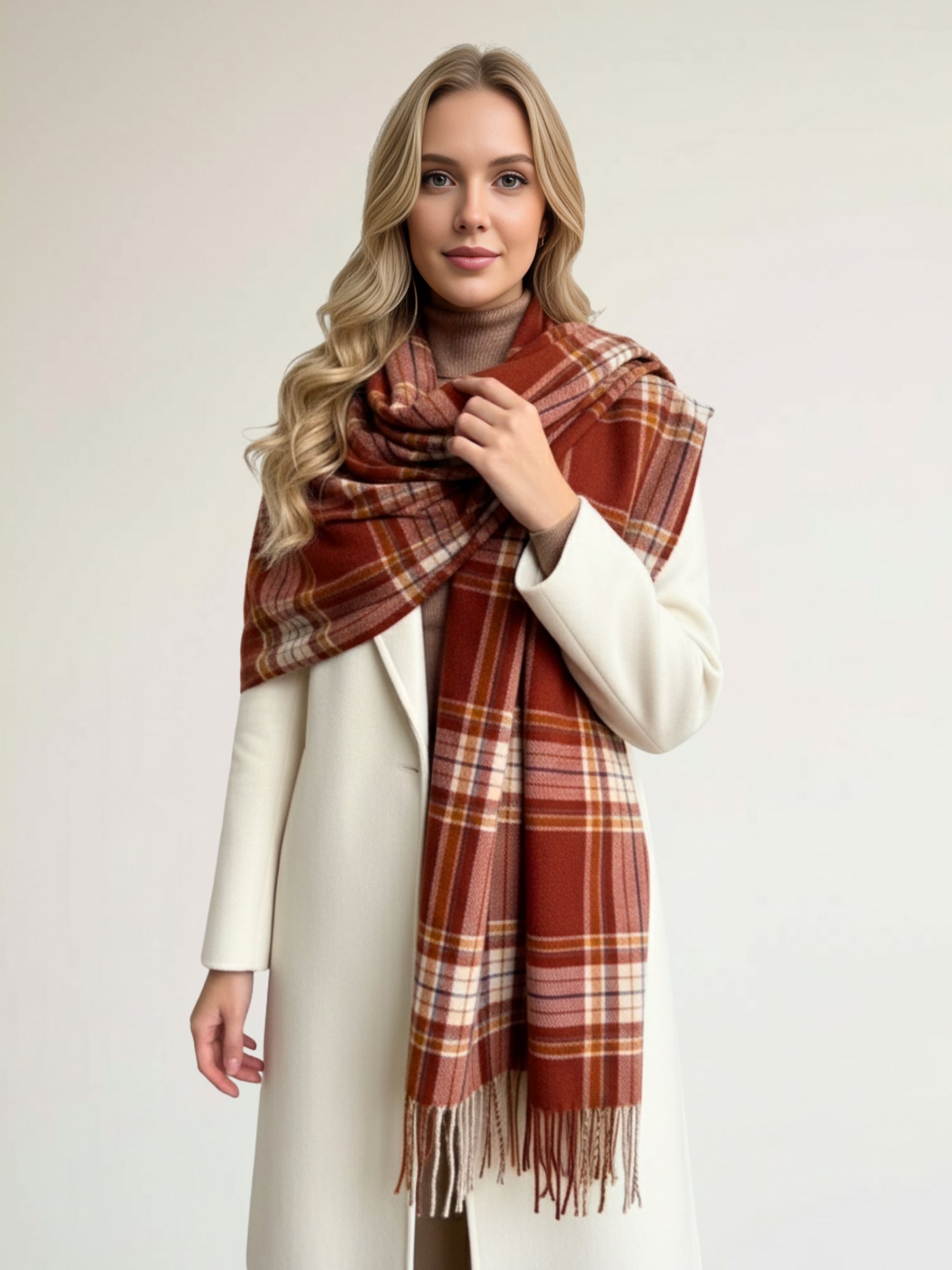LONG RUST CASHMERE BLEND CHECKED TARTAN SCARF