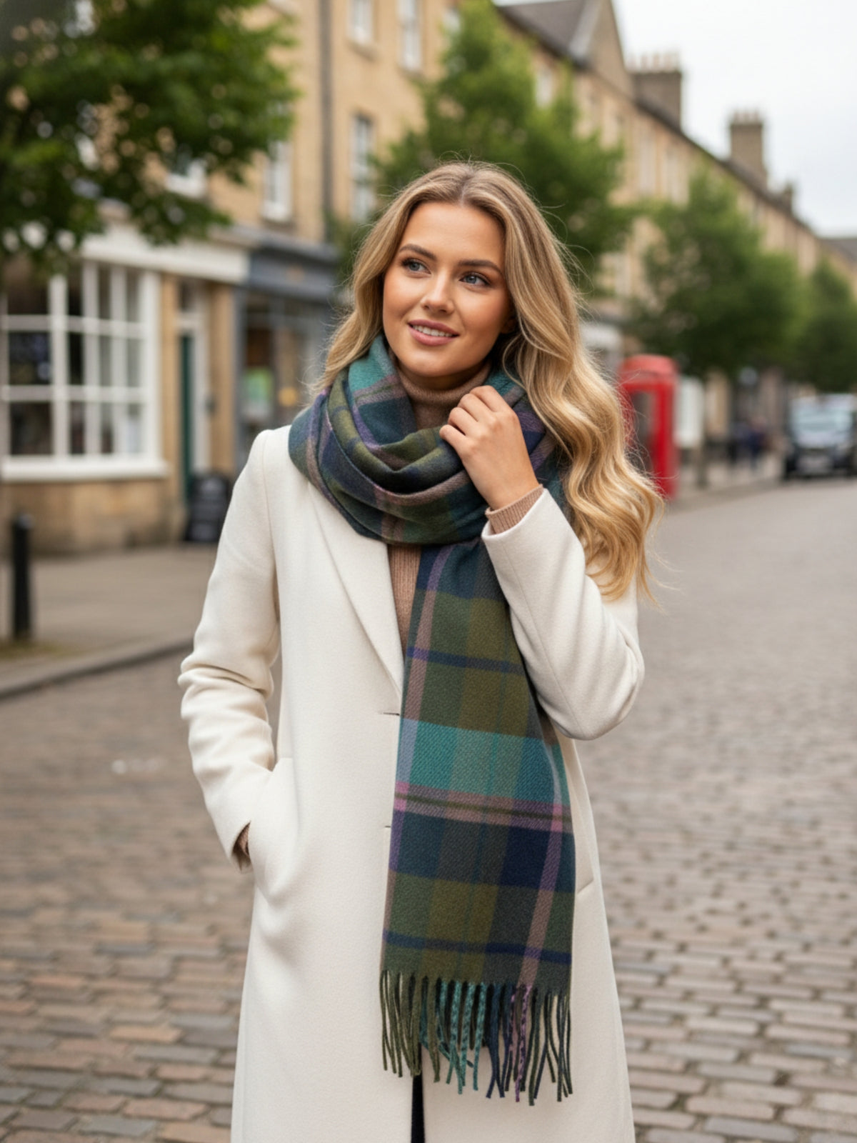 LONG GREEN WOOL BLEND CHECKED TARTAN SCARF