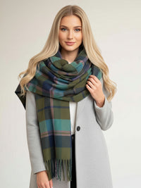 LONG GREEN WOOL BLEND CHECKED TARTAN SCARF