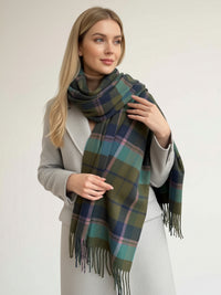 LONG GREEN WOOL BLEND CHECKED TARTAN SCARF