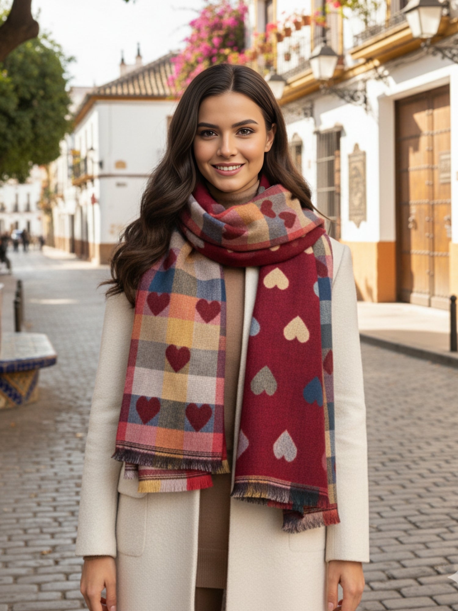 LARGE CHECKED HEART PRINT REVERSIBLE WINTER SHAWL BLANKET SCARF - RED