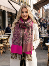 LARGE PLAIN FUCHSIA PINK REVERSIBLE MULTI COLOUR PAISLEY PRINT PASHMINA SHAWL SCARF WRAP - A-SHU.CO.UK
