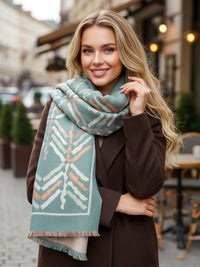 LARGE GREEN RETRO PRINT REVERSIBLE WOOL WINTER SHAWL BLANKET SCARF