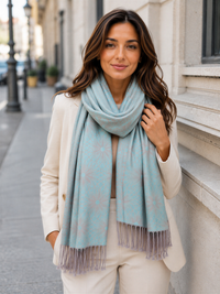 LARGE PASTEL BLUE FLORAL DAISY PRINT GEOMETRIC REVERSIBLE PASHMINA SHAWL SCARF - A-SHU.CO.UK