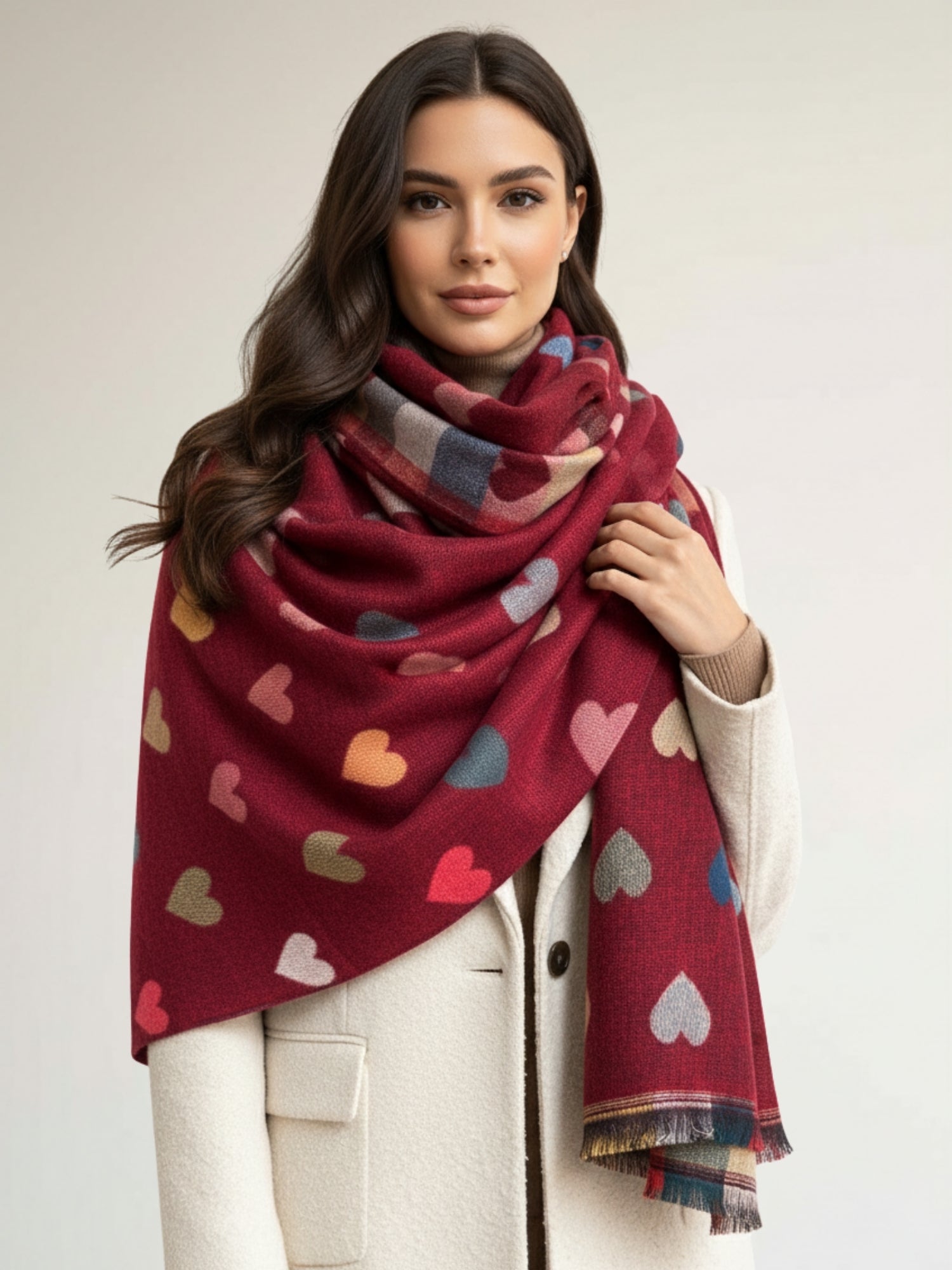 LARGE CHECKED HEART PRINT REVERSIBLE WINTER SHAWL BLANKET SCARF - RED