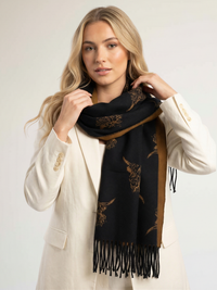 LARGE BLACK TAN HIGHLAND COW CASHMERE REVERSIBLE SHAWL SCARF