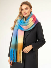 FUCHSIA BLUE CHECKED WOOL RAINBOW BLANKET SCARF OVERSIZED WINTER SHAWL WRAP