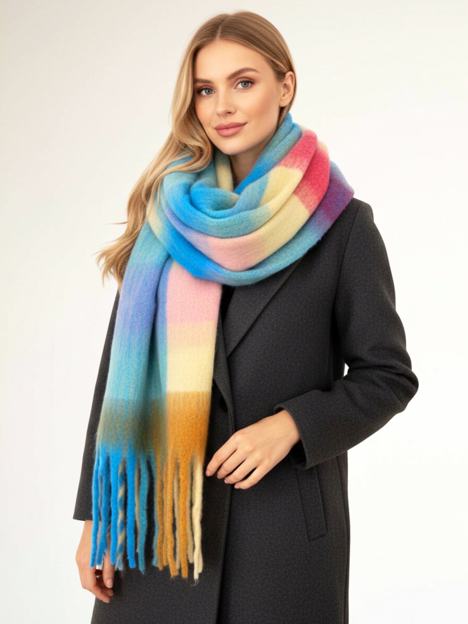 FUCHSIA BLUE CHECKED WOOL RAINBOW BLANKET SCARF OVERSIZED WINTER SHAWL WRAP