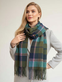 LONG GREEN WOOL BLEND CHECKED TARTAN SCARF