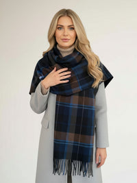 LONG BLUE WOOL BLEND CHECKED TARTAN SCARF