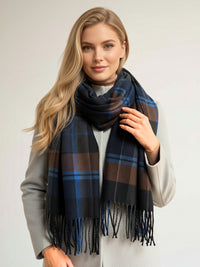 LONG BLUE WOOL BLEND CHECKED TARTAN SCARF
