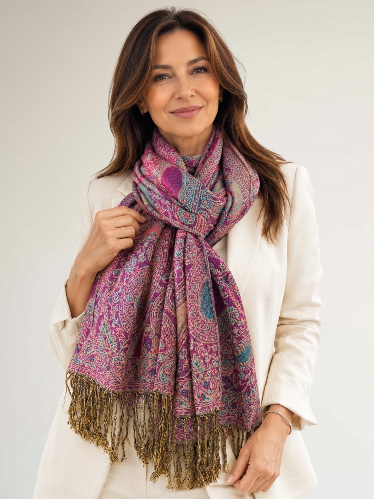 LARGE FUSCHIA PINK MULTI COLOUR PAISLEY PRINT PASHMINA SHAWL SCARF - A-SHU.CO.UK