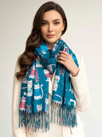 TEAL QUIRKY CAT PRINT LONG LIGHTWEIGHT SCARF