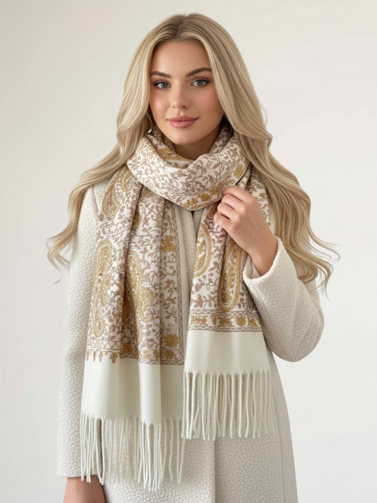 LARGE CREAM PAISLEY CASHMERE COTTON BLEND WINTER SHAWL BLANKET SCARF