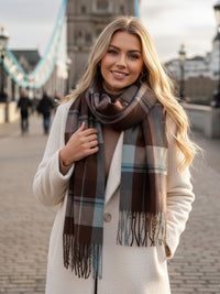 LONG BROWN WOOL BLEND CHECKED TARTAN SCARF