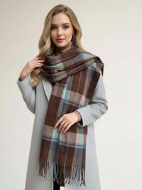 LONG BROWN WOOL BLEND CHECKED TARTAN SCARF