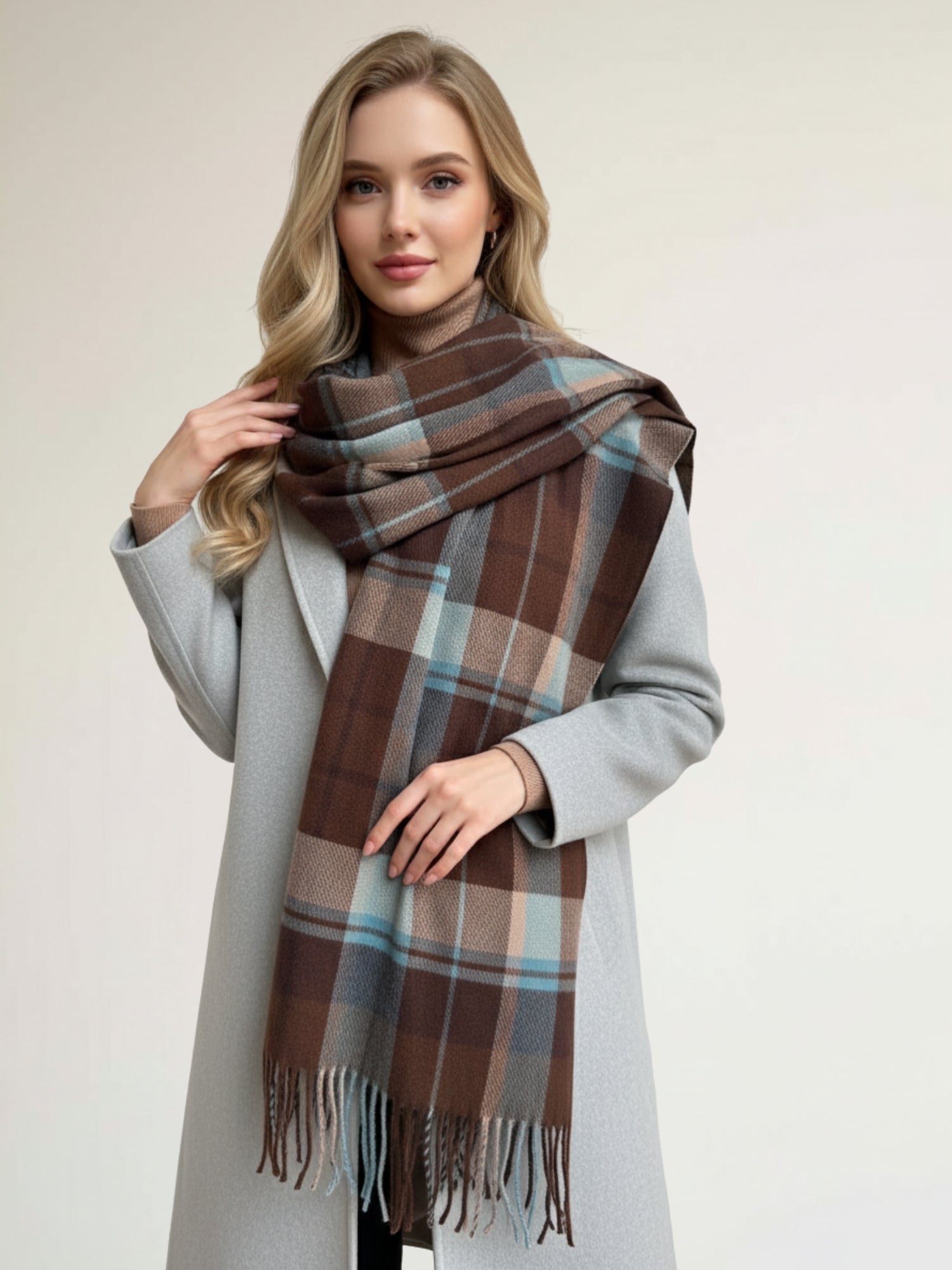 LONG BROWN WOOL BLEND CHECKED TARTAN SCARF