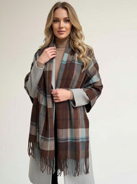 LONG BROWN WOOL BLEND CHECKED TARTAN SCARF