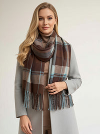 LONG BROWN WOOL BLEND CHECKED TARTAN SCARF