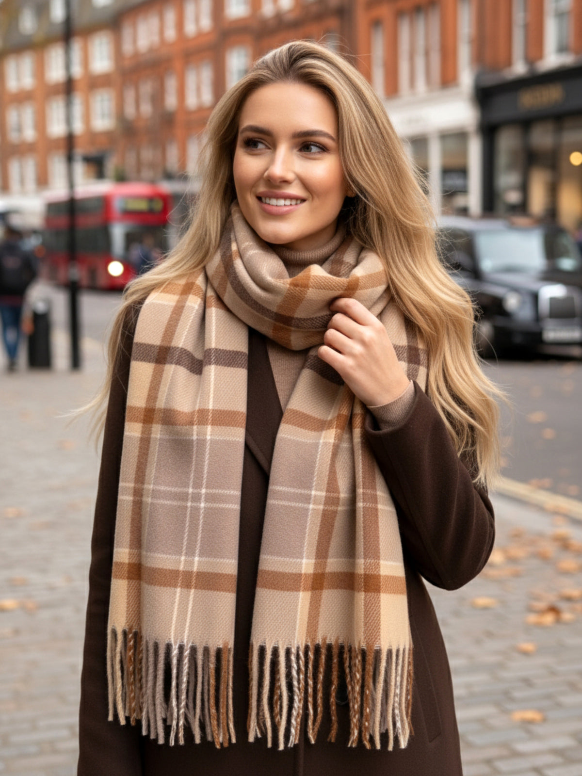 LONG BEIGE WOOL BLEND CHECKED TARTAN SCARF