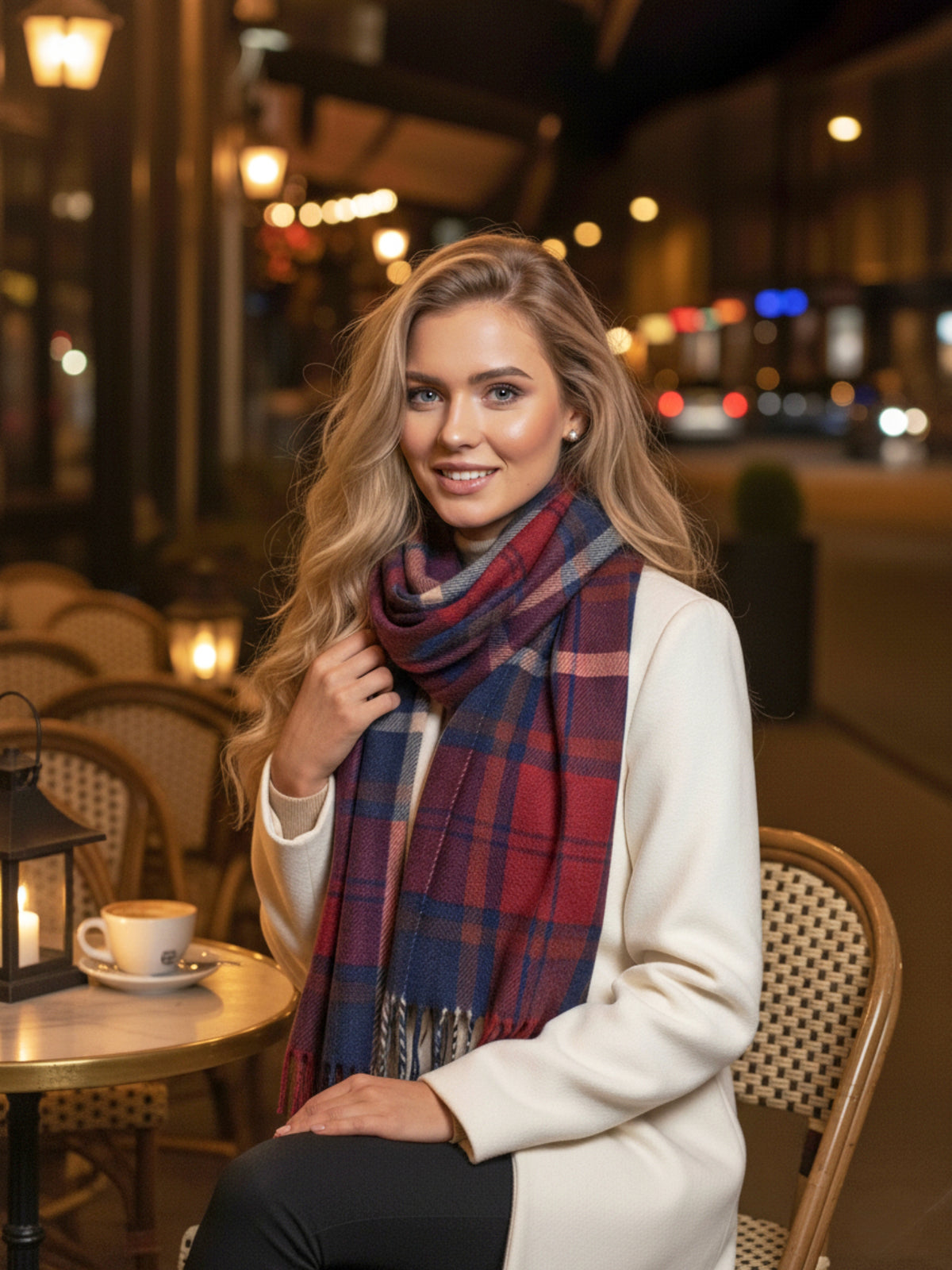 LONG BURGUNDY WOOL BLEND CHECKED TARTAN SCARF