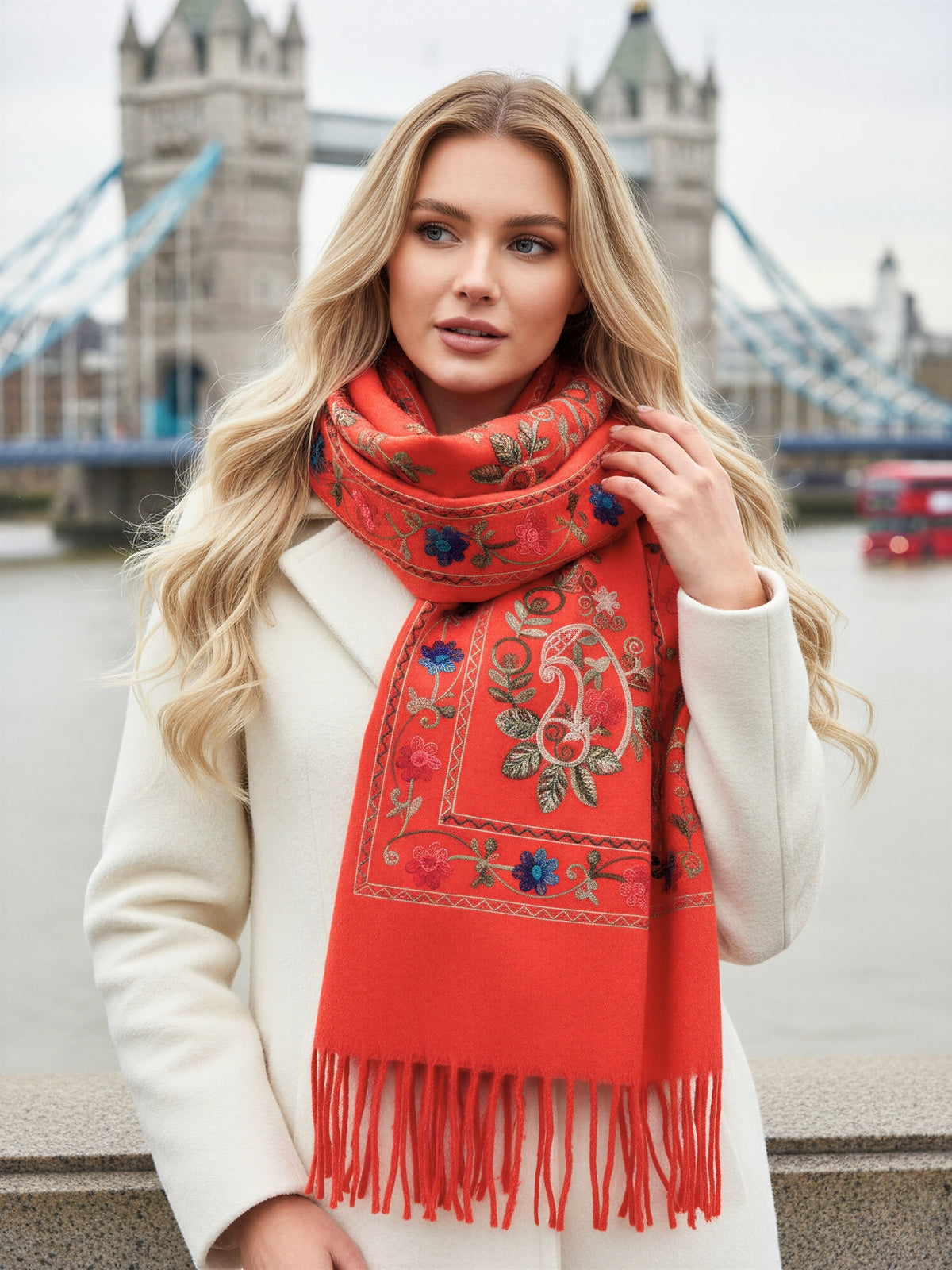 LARGE ORANGE FLORAL CASHMERE COTTON BLEND WINTER SHAWL BLANKET SCARF