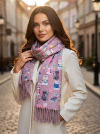 BLUSH PINK QUIRKY CAT PRINT LONG LIGHTWEIGHT SCARF