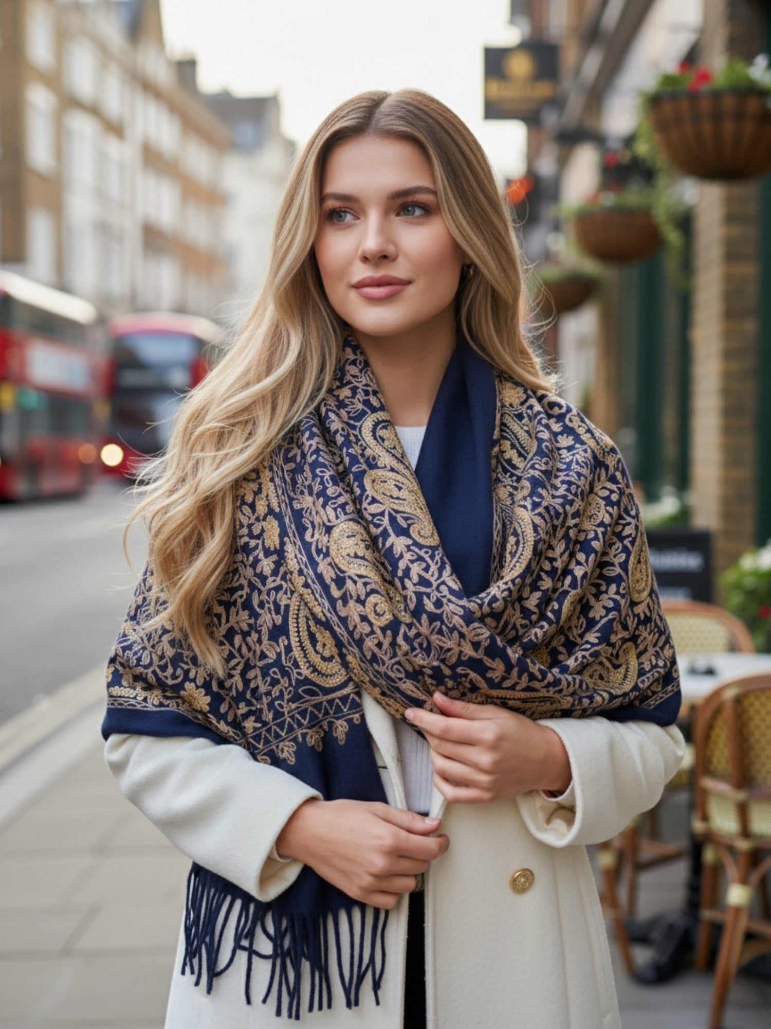 LARGE NAVY PAISLEY CASHMERE COTTON BLEND WINTER SHAWL BLANKET SCARF