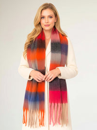 RED CHECKED WOOL RAINBOW BLANKET SCARF OVERSIZED WINTER SHAWL WRAP