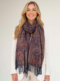LARGE NAVY BLUE MULTI COLOUR PAISLEY PASHMINA SHAWL SCARF WRAP - A-SHU.CO.UK