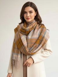 LONG CAMEL WOOL BLEND CHECKED TARTAN SCARF