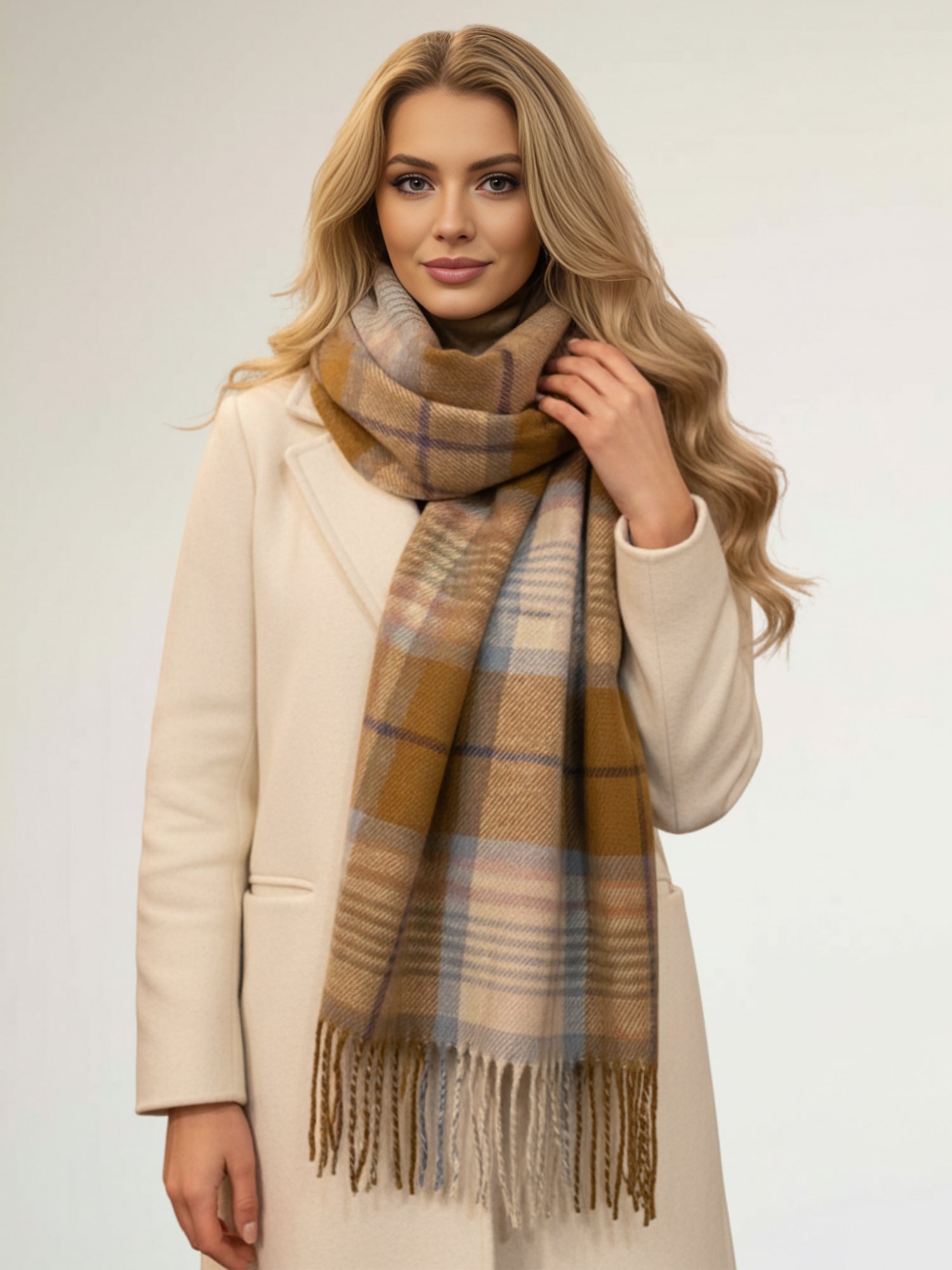LONG CAMEL WOOL BLEND CHECKED TARTAN SCARF