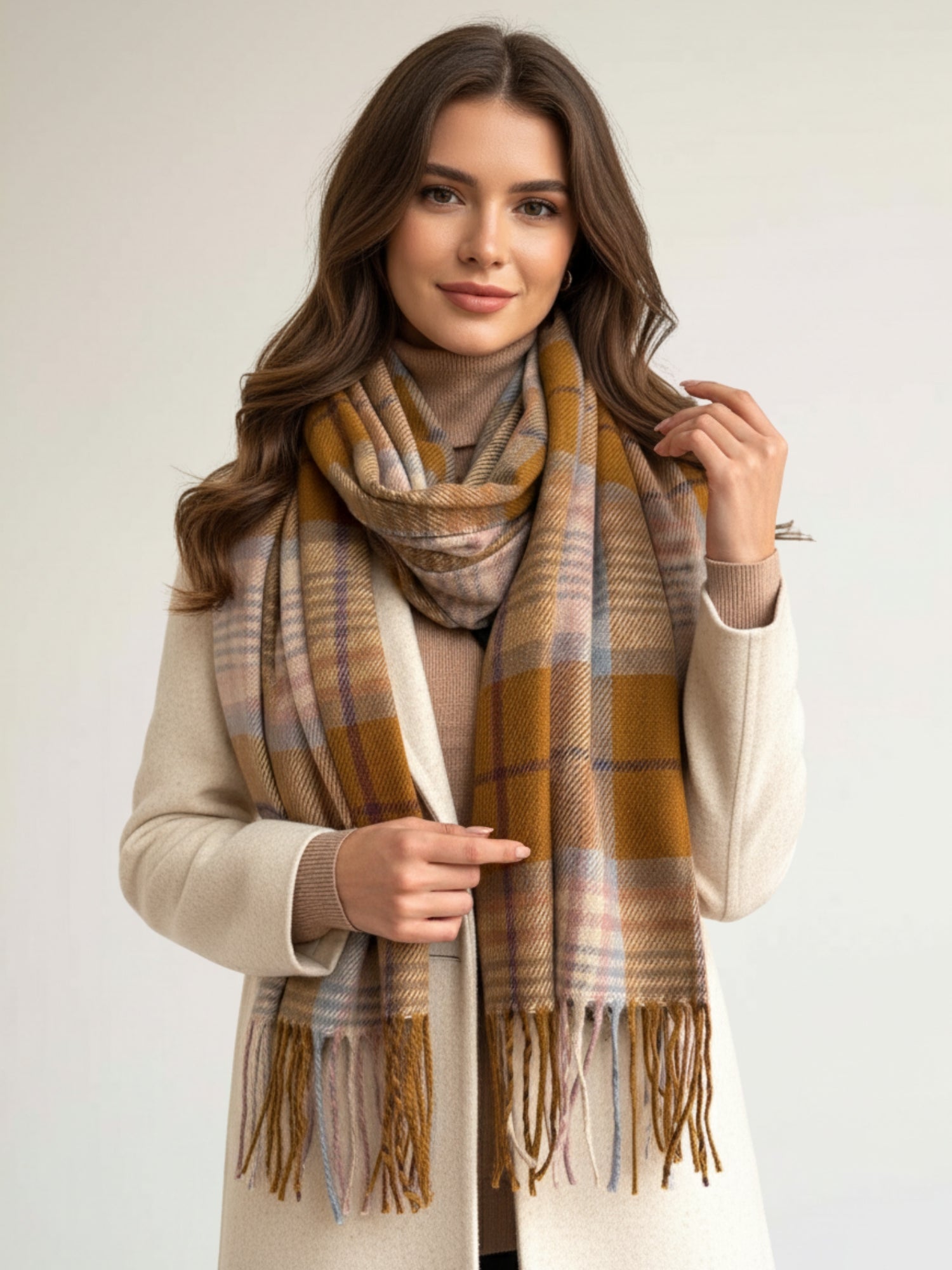 LONG CAMEL WOOL BLEND CHECKED TARTAN SCARF
