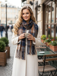 LONG NAVY BLUE WOOL BLEND CHECKED TARTAN SCARF