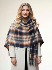 LONG NAVY BLUE WOOL BLEND CHECKED TARTAN SCARF