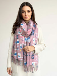 BLUSH PINK QUIRKY CAT PRINT LONG LIGHTWEIGHT SCARF