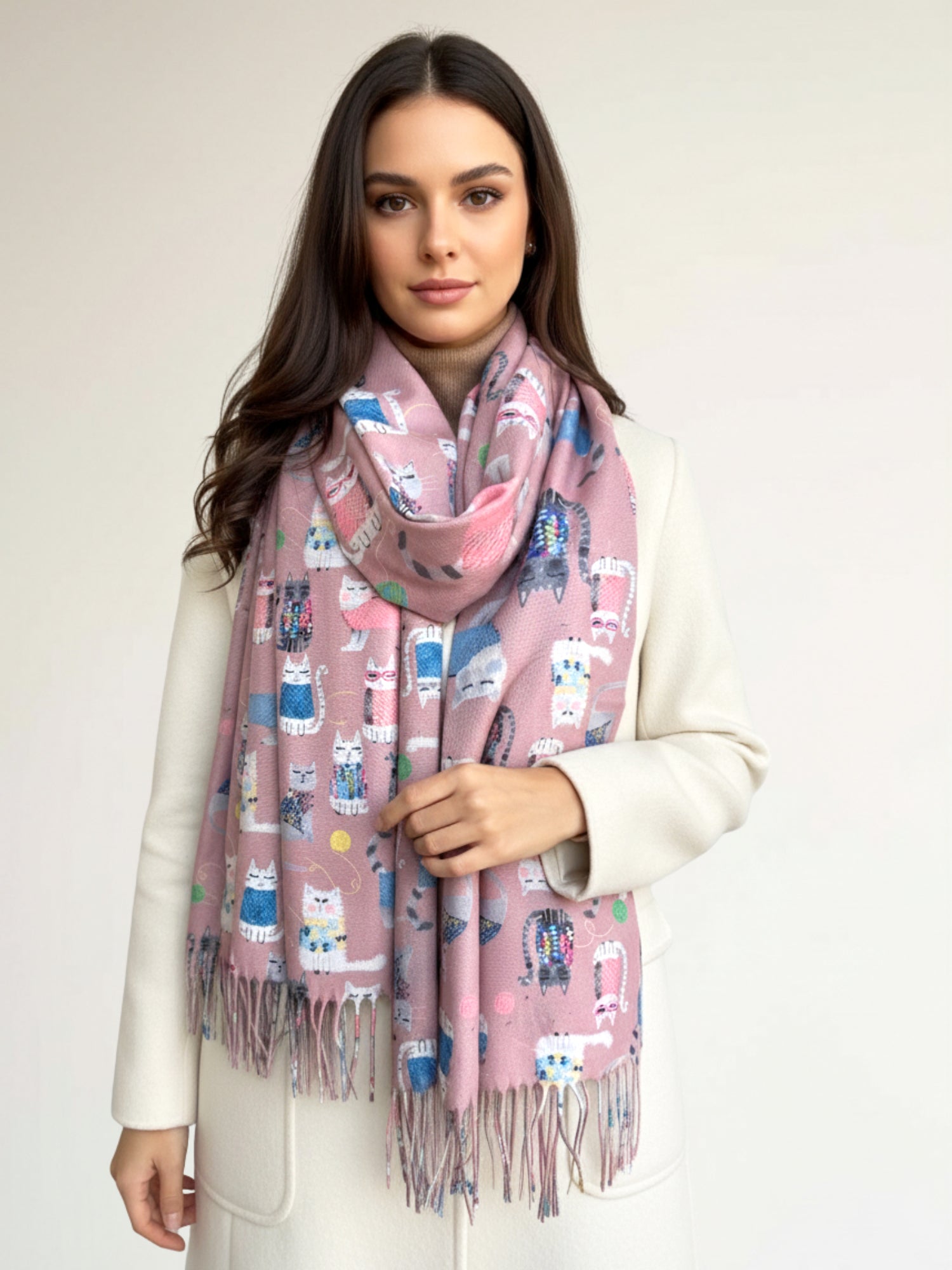BLUSH PINK QUIRKY CAT PRINT LONG LIGHTWEIGHT SCARF