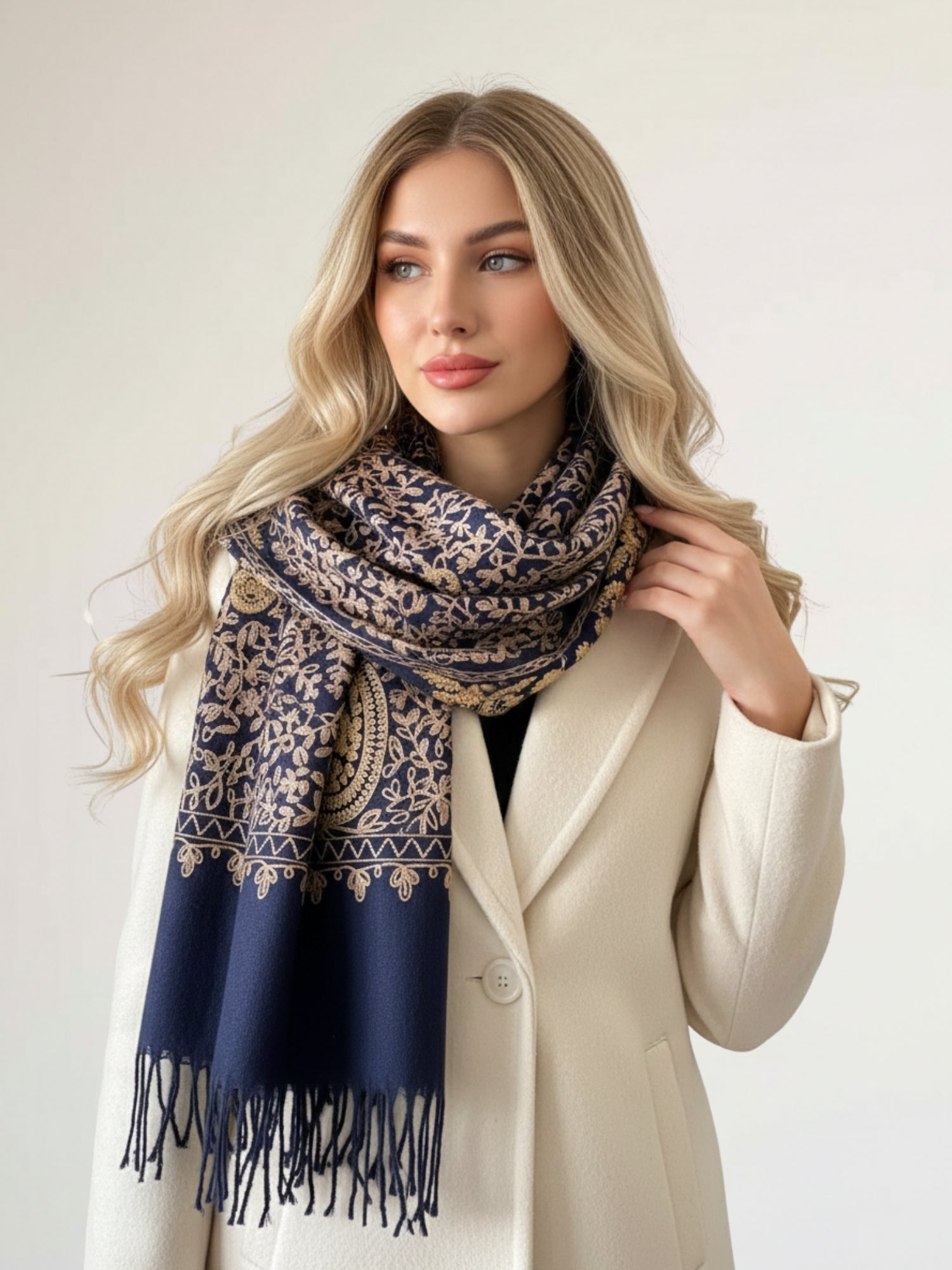 LARGE NAVY PAISLEY CASHMERE COTTON BLEND WINTER SHAWL BLANKET SCARF