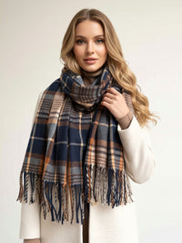 LONG NAVY BLUE WOOL BLEND CHECKED TARTAN SCARF