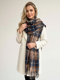 LONG NAVY BLUE WOOL BLEND CHECKED TARTAN SCARF