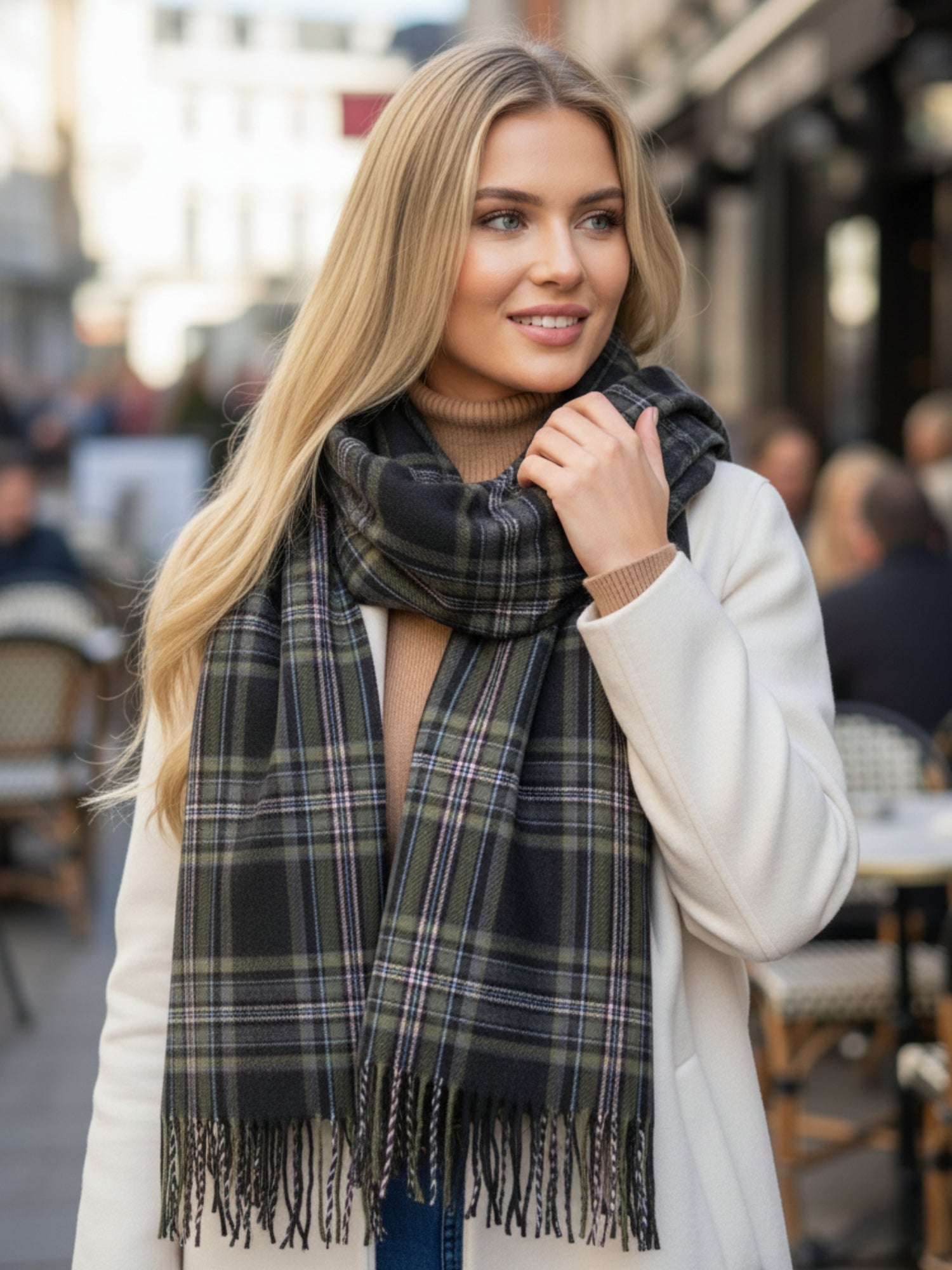 LONG BLACK WOOL BLEND CHECKED TARTAN SCARF
