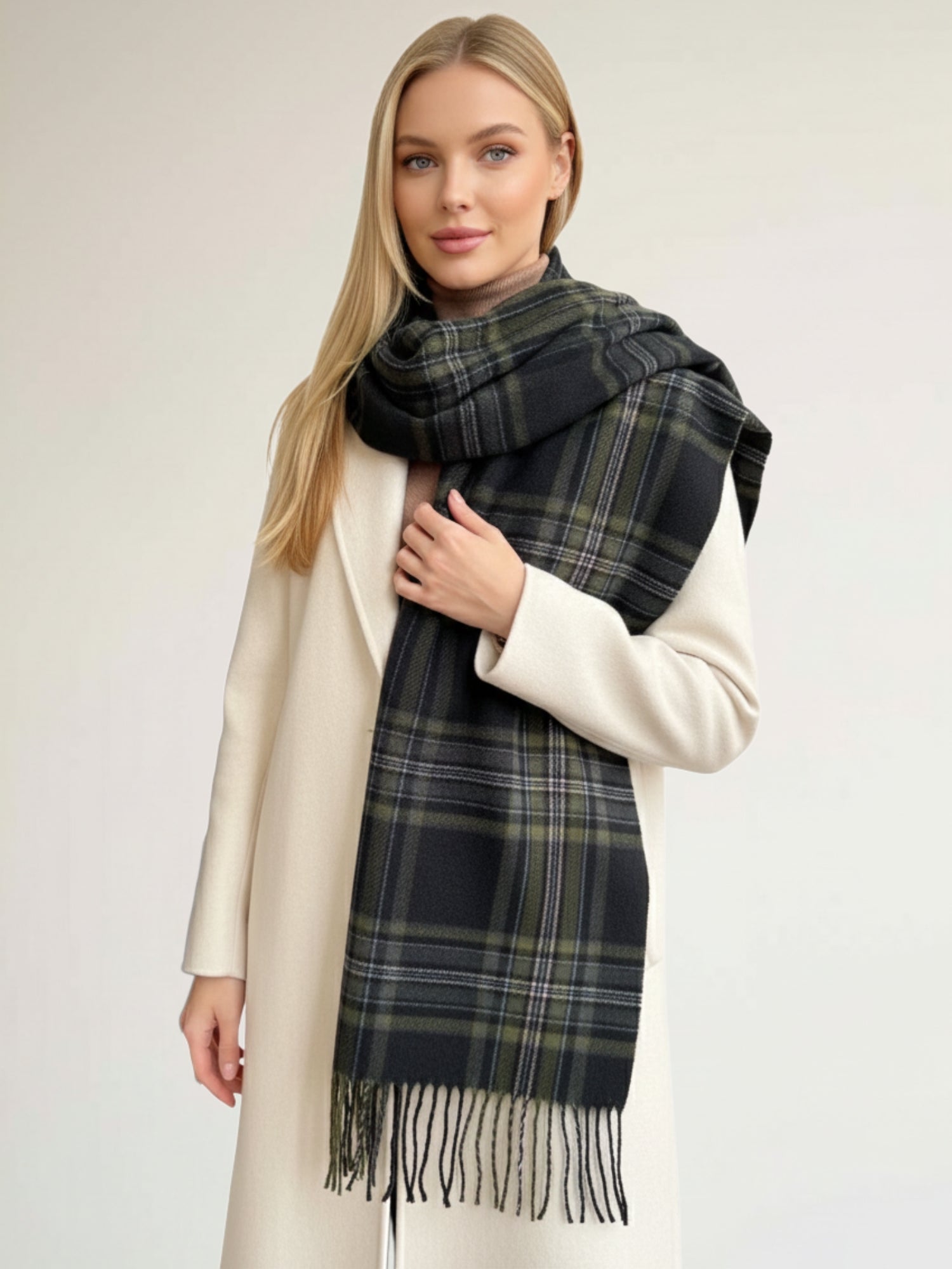 LONG BLACK WOOL BLEND CHECKED TARTAN SCARF