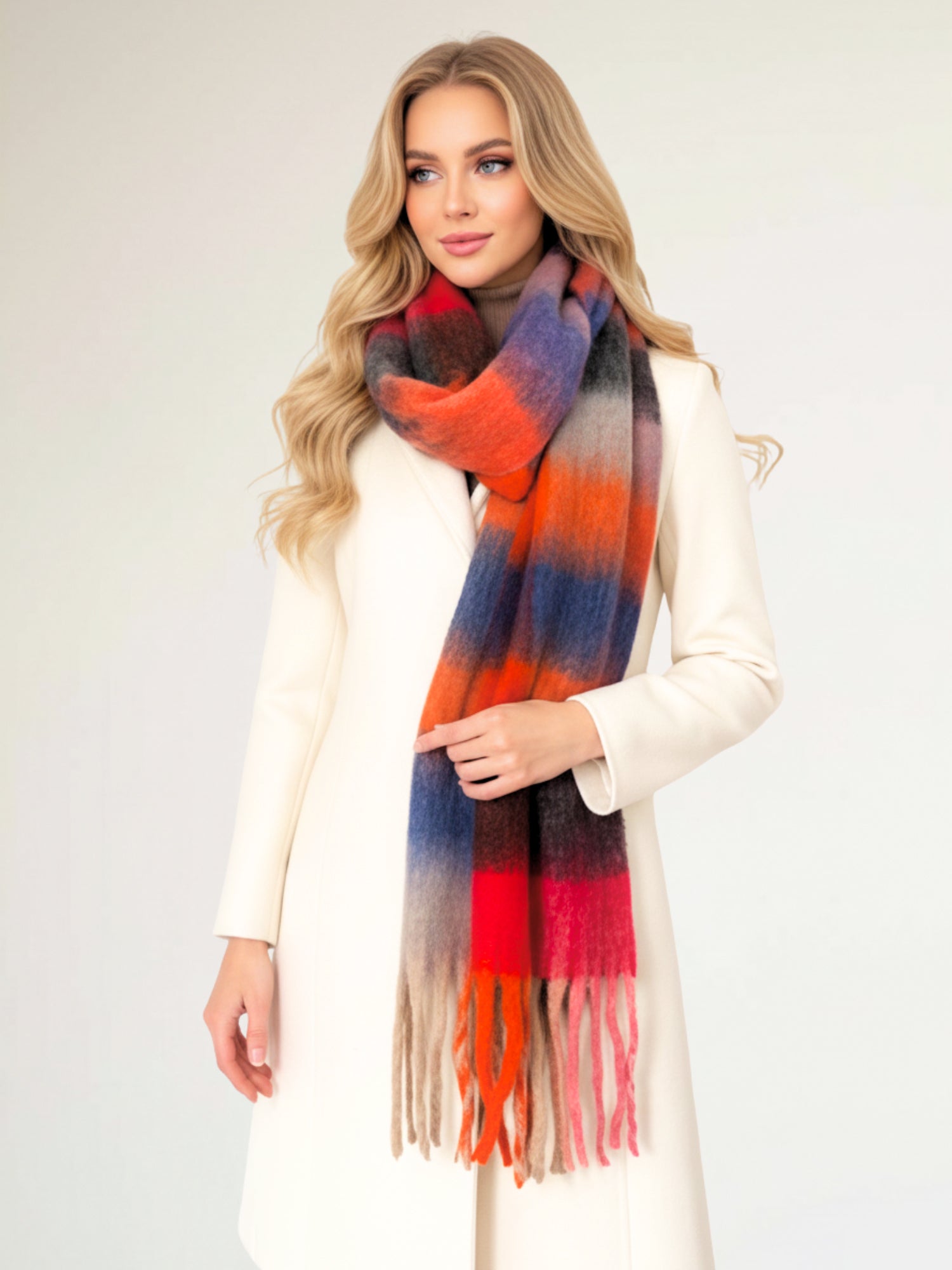 RED CHECKED WOOL RAINBOW BLANKET SCARF OVERSIZED WINTER SHAWL WRAP