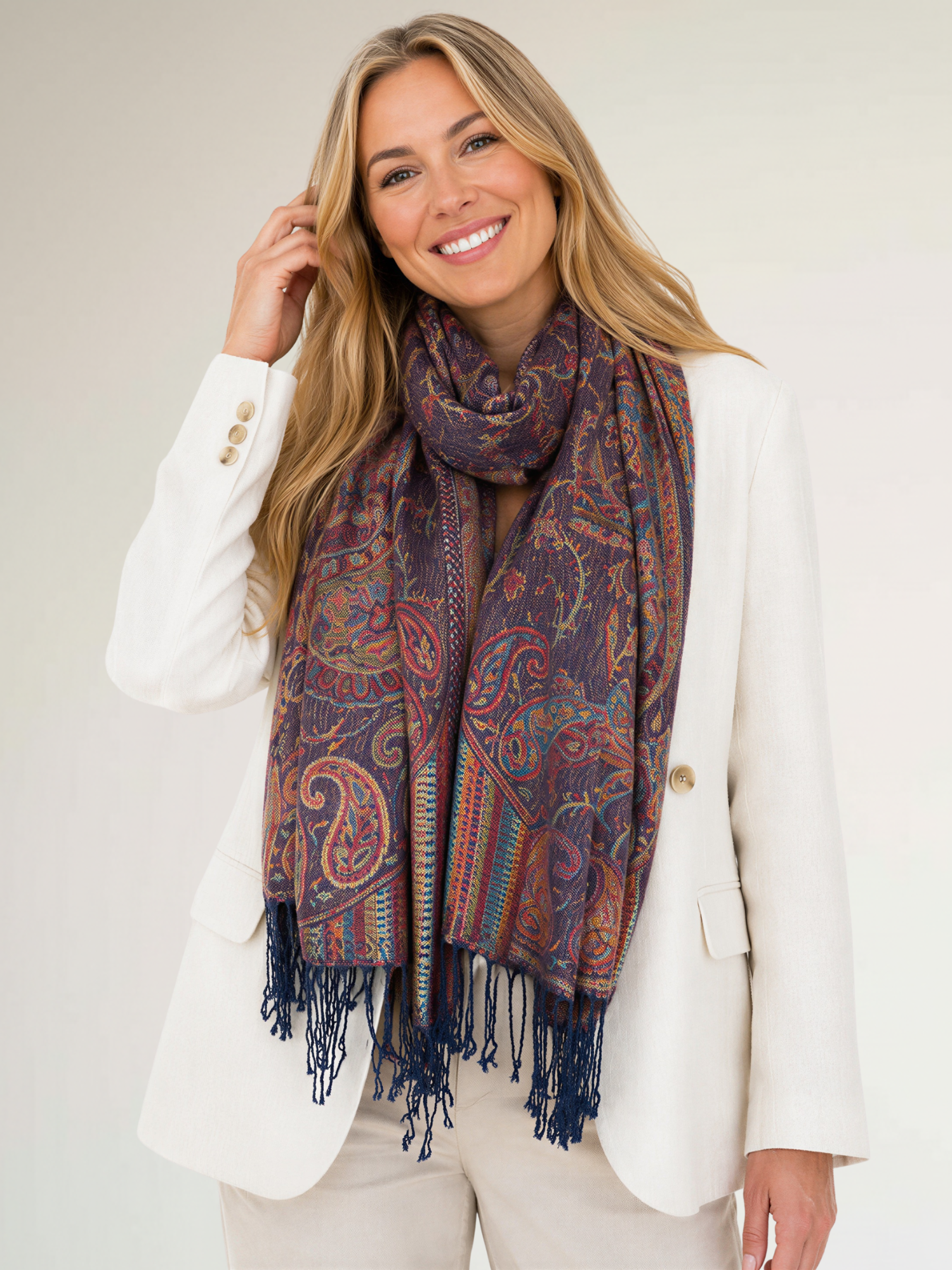 LARGE NAVY BLUE MULTI COLOUR PAISLEY PASHMINA SHAWL SCARF WRAP - A-SHU.CO.UK