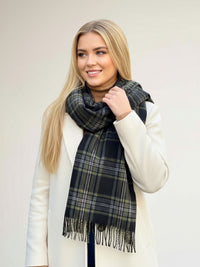 LONG BLACK WOOL BLEND CHECKED TARTAN SCARF