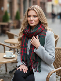 LONG RED WOOL BLEND CHECKED TARTAN SCARF