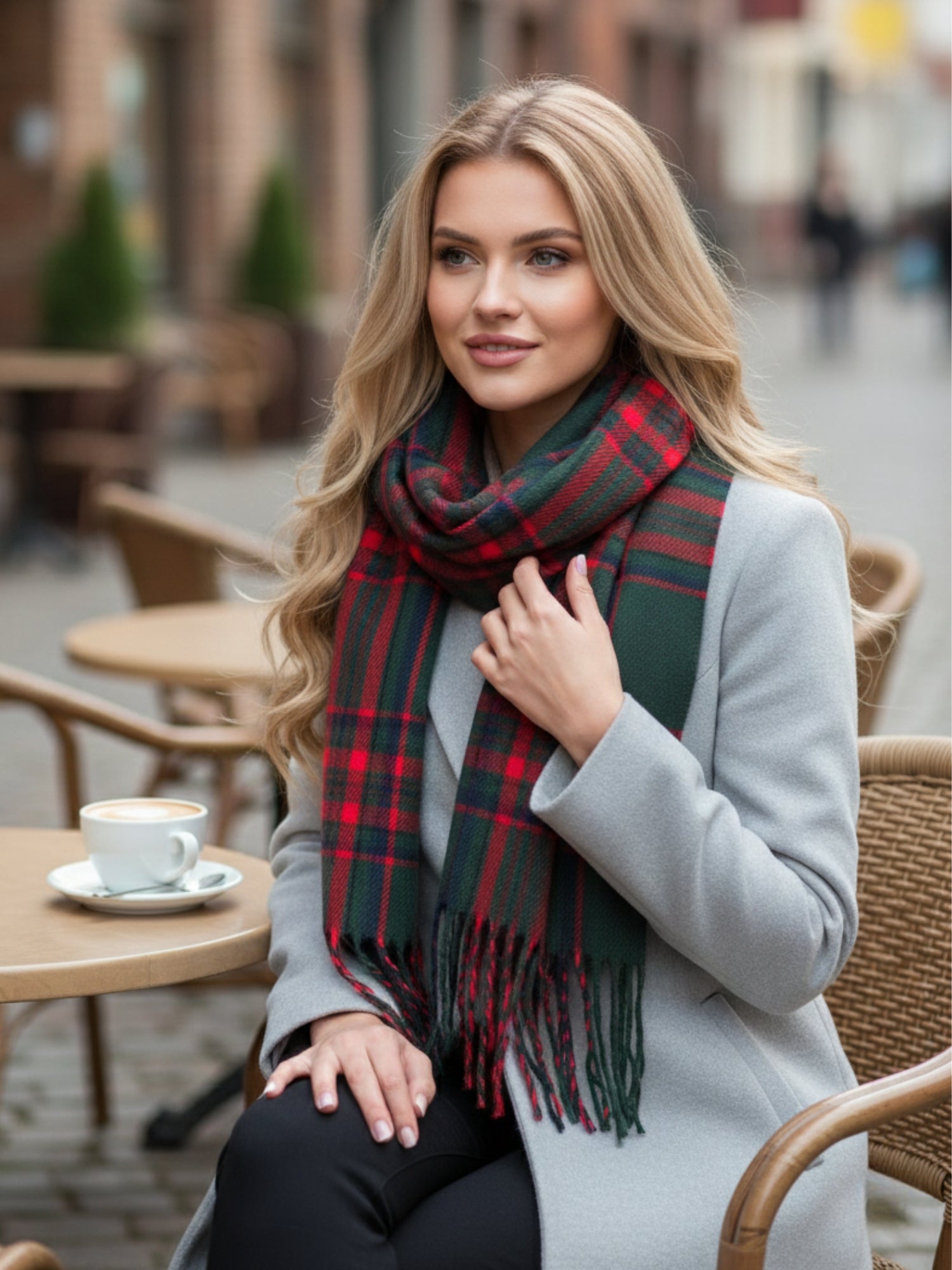 LONG RED WOOL BLEND CHECKED TARTAN SCARF