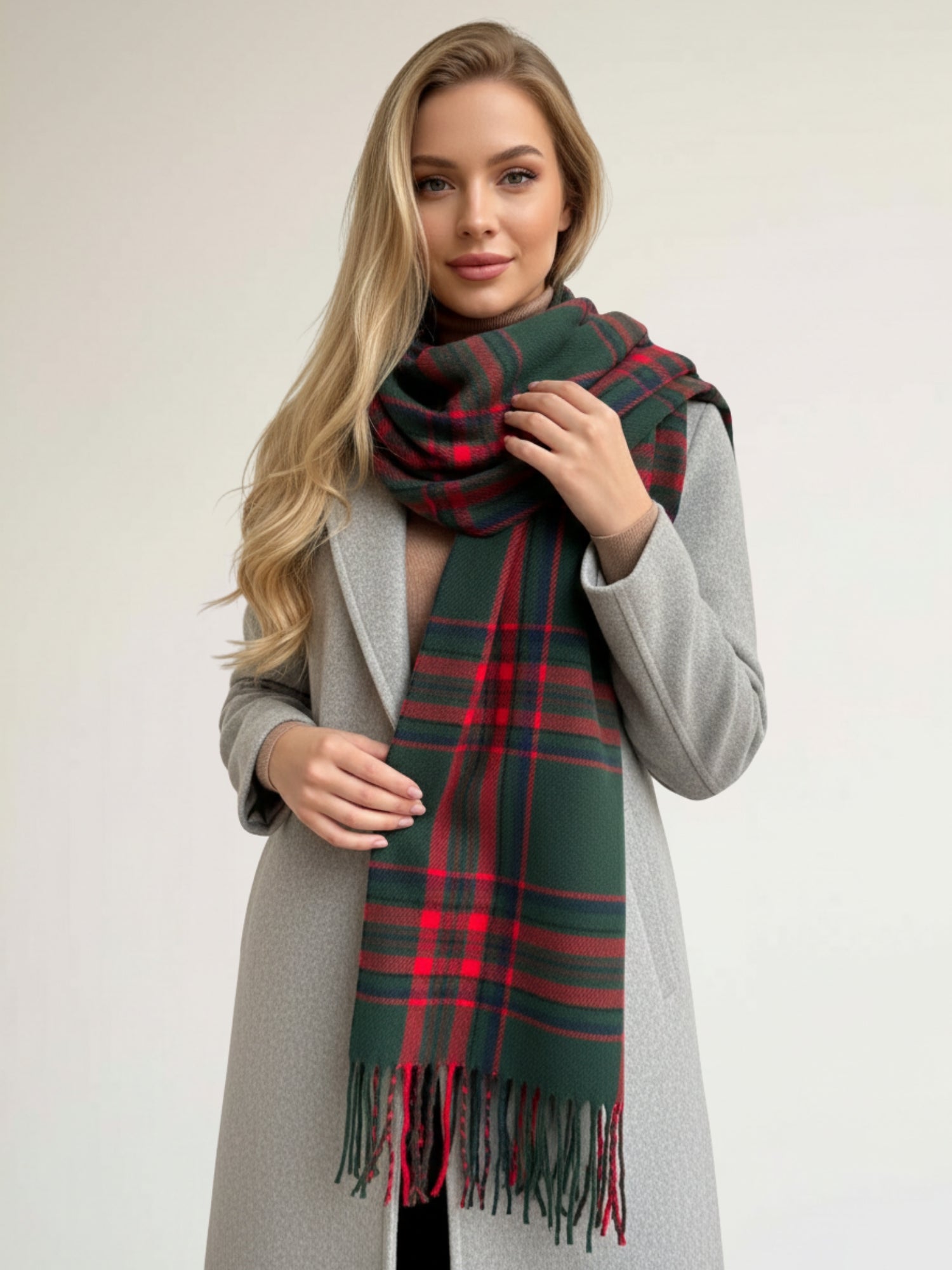 LONG RED WOOL BLEND CHECKED TARTAN SCARF