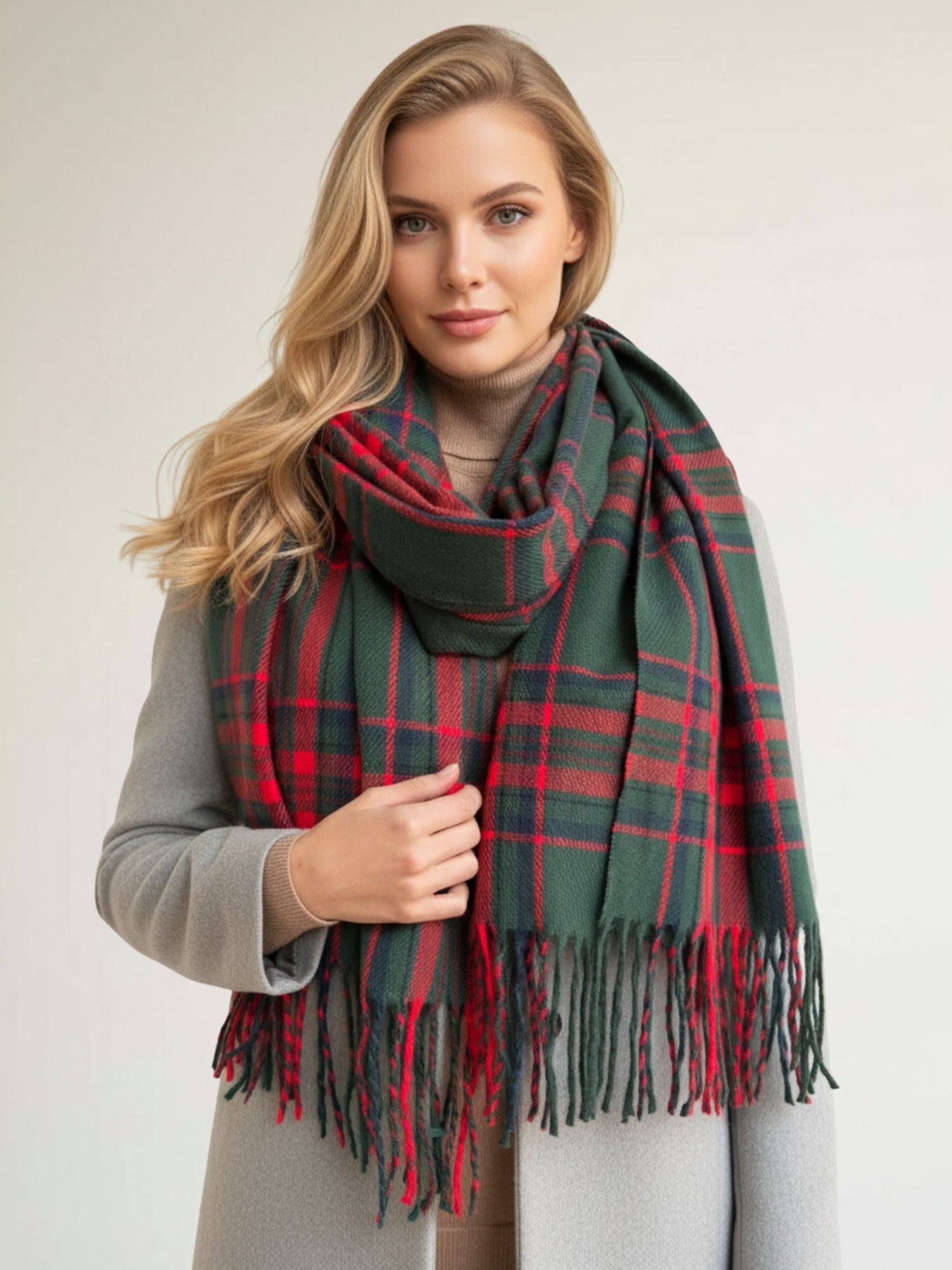 LONG RED WOOL BLEND CHECKED TARTAN SCARF